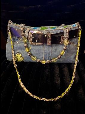 Denim Beaded Shoulder Bag with Decorative Buckle - Blue & Lime - NWOT!